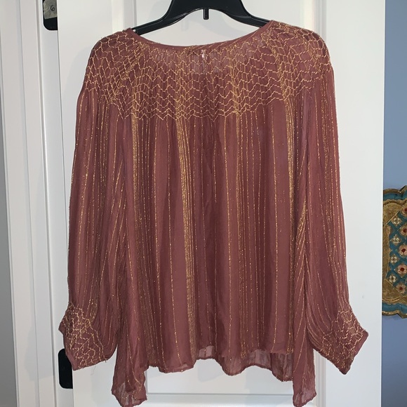Anthropologie Love Sam smocked blouse metallic gold thread M EUC - Picture 6 of 6